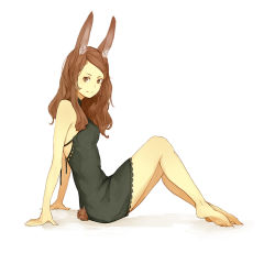 Rule 34 | 1girl, animal ears, arm support, bad id, bad pixiv id, barefoot, brown eyes, brown hair, closed mouth, dress, from side, full body, looking at viewer, mgg (x arte), original, rabbit ears, rabbit tail, simple background, sitting, sleeveless, sleeveless dress, smile, solo, tail, white background