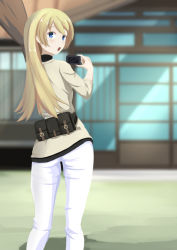 Rule 34 | 10s, 1girl, ass, beige shirt, black shirt, blonde hair, blue eyes, blurry, blush, broom, contrapposto, day, depth of field, fanny pack, flying witch, from behind, highres, holding, house, long hair, looking back, open mouth, outdoors, pants, shiina anzu (flying witch), shirt, solo, standing, takizawa tarou, turtleneck, white pants