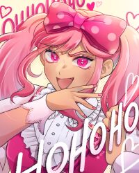 Rule 34 | 1girl, bow, bright pupils, buttons, collared shirt, english text, fang, frilled shirt collar, frills, hair bow, halftone, halftone background, hands up, heart, heart-shaped pupils, highres, holding, holding weapon, long hair, looking at viewer, nacchee1, nail polish, omori, open mouth, pink bow, pink eyes, pink hair, pink nails, pink shirt, polka dot, polka dot bow, puffy short sleeves, puffy sleeves, shirt, short sleeves, sidelocks, simple background, smile, solo, sweetheart (omori), symbol-shaped pupils, tongue, twintails, upper body, v-shaped eyebrows, weapon, white pupils, white shirt, white wrist cuffs, wrist cuffs, yellow background