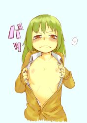 Rule 34 | angry, blush, character request, face, flat chest, green hair, long hair, nipples, open clothes, open shirt, shirt, solo, taichi (tomo)