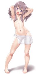 Rule 34 | 1girl, :d, armpits, barefoot, blush, breasts, contrapposto, dd (ijigendd), full body, hair lift, hair over breasts, highres, long hair, looking at viewer, naked towel, navel, open mouth, original, purple eyes, purple hair, see-through silhouette, simple background, small breasts, smile, solo, standing, towel, white background, wide hips