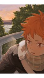Rule 34 | 1boy, absurdres, bad id, bad pixiv id, blush, brown eyes, haikyuu!!, highres, hinata shouyou, letterboxed, looking away, male focus, mya m, orange hair, outdoors, parted lips, scarf, short hair, solo, upper body