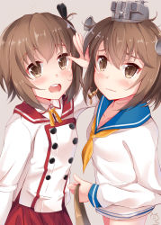 Rule 34 | 10s, 2girls, :d, blue sailor collar, blush, brown eyes, brown hair, buttons, commentary, cosplay, costume switch, creator connection, crossover, etou kanami, grey background, hair between eyes, hat, highres, kantai collection, long sleeves, look-alike, multiple girls, nahaki, neckerchief, open mouth, round teeth, sailor collar, sailor hat, short hair, simple background, smile, teeth, toji no miko, trait connection, yellow neckerchief, yukikaze (kancolle)