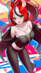 Rule 34 | 1girl, :d, absurdres, alternate costume, animal ear fluff, animal ears, bare shoulders, black hair, black jacket, black pants, blue eyes, breasts, casual, cheese, cleavage, crop top, fangs, food, hair between eyes, hakos baelz, highres, hololive, hololive english, jacket, jewelry, looking at viewer, medium breasts, midriff, mouse ears, mouse girl, multicolored background, multicolored hair, off shoulder, open mouth, pants, pendant, ponytail, red hair, shirt, sleeveless, sleeveless shirt, smile, solo, somebody (leiking00), strapless, strapless shirt, streaked hair, virtual youtuber, white hair