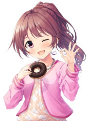 Rule 34 | 10s, 1girl, blush, brown hair, doughnut, food, hair ornament, hair scrunchie, hasumi (hasubatake39), highres, idolmaster, idolmaster cinderella girls, jewelry, long hair, long sleeves, looking at viewer, necklace, ok sign, one eye closed, open mouth, ponytail, purple eyes, scrunchie, shiina noriko, simple background, smile, solo, white background