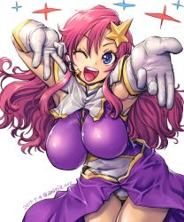 Rule 34 | 1girl, amania orz, blue eyes, blush, breasts, cleavage, commentary request, dated, gloves, gundam, gundam seed, gundam seed destiny, hair ornament, headset, large breasts, leotard, long hair, looking at viewer, meer campbell, one eye closed, open mouth, pink hair, purple leotard, solo, star (symbol), star hair ornament, teeth, thigh gap, twitter username, white background, white gloves, white leotard