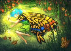 Rule 34 | 1girl, animal, antennae, aqua hair, barefoot, bug, butterfly, butterfly wings, closed eyes, colored eyelashes, dress, eternity larva, fairy, fetal position, flower, grass, green dress, highres, insect, insect wings, leaf, leaf on head, lying, multicolored clothes, multicolored dress, on side, orange flower, ritsuzou, short hair, short sleeves, solo, touhou, wings
