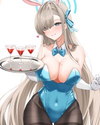 Rule 34 | 1girl, absurdres, animal ears, asuna (blue archive), black pantyhose, blue archive, blue eyes, blue leotard, bow, bowtie, breasts, cleavage, cocktail glass, collar, cup, drinking glass, gloves, grey hair, halo, heart, highres, large breasts, leotard, light blush, long hair, looking at viewer, navel, pantyhose, playboy bunny, rabbit ears, simple background, skin tight, skindentation, smile, solo, thigh gap, thighs, tray, tsurime, user hktv2328, white background, white gloves