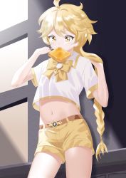 Rule 34 | 1boy, absurdres, aether (genshin impact), ahoge, arms up, belt, blonde hair, bow, braid, bread, bread slice, crop top, food, food in mouth, genshin impact, highres, holding, holding own hair, long hair, male focus, midriff, mouth hold, navel, sailor collar, shirt, shorts, solo, standing, thighs, toast, toast in mouth, very long hair, white shirt, yellow eyes, yellow shorts, yuuya meiqyuu