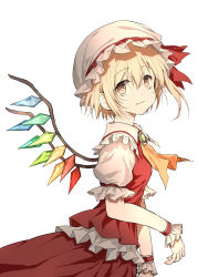Rule 34 | absurdres, ascot, beret, blonde hair, bow, closed mouth, cowboy shot, flandre scarlet, frilled cuffs, gem, hair bow, hat, highres, looking at viewer, mob cap, orange ascot, orange eyes, puffy short sleeves, puffy sleeves, red how, red shirt, red skirt, shimoda masaya, shirt, short hair, short sleeves, simple background, skirt, smile, standing, touhou, white background, white hat, white sleeves