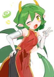 Rule 34 | 1girl, china dress, chinese clothes, chinese zodiac, draco centauros, dragon girl, dragon tail, dragon wings, dress, elbow gloves, fang, gloves, green hair, green wings, hand on own hip, highres, horns, looking at viewer, one eye closed, open mouth, pointy ears, puyo (puyopuyo), puyopuyo, red dress, simple background, solo, tail, tenpibo ramune, v, white background, white gloves, wings, yellow eyes, yellow horns