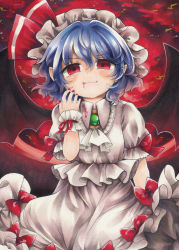 Rule 34 | 1girl, ascot, bat wings, blood, blood from mouth, blood on clothes, blue hair, brooch, closed mouth, collared shirt, commentary request, cowboy shot, frilled shirt, frilled shirt collar, frilled skirt, frilled sleeves, frills, green brooch, hair between eyes, highres, jewelry, maa (forsythia1729), marker (medium), nail polish, puffy short sleeves, puffy sleeves, red background, red eyes, red nails, red ribbon, remilia scarlet, ribbon, shirt, short hair, short sleeves, skirt, sleeve ribbon, solo, touhou, traditional media, white ascot, white shirt, white skirt, wings