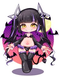 Rule 34 | 1girl, absurdres, alternate costume, bat (animal), bat wings, black bra, black hair, black panties, black thighhighs, black wings, blunt bangs, blush, bra, breasts, cleavage, commentary request, demon girl, demon horns, demon tail, double w, full body, full moon, grin, highres, horns, kojo anna, long hair, looking at viewer, moon, multicolored hair, nanashi inc., panties, pointy ears, pubic tattoo, purple hair, purple nails, robou no stone, shiny skin, small breasts, smile, solo, tail, tattoo, thighhighs, twintails, two-tone hair, underwear, virtual youtuber, w, walking, white background, wings, yellow eyes