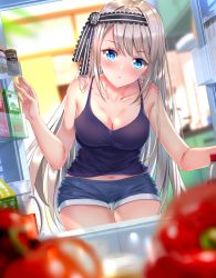 Rule 34 | 1girl, bare arms, bare shoulders, black camisole, black hairband, blue eyes, blue shorts, blurry, blurry background, blurry foreground, blush, bottle, breasts, camisole, cleavage, closed mouth, collarbone, commentary request, day, depth of field, grey hair, hairband, hand up, highres, indoors, jug (bottle), kaguya-sama wa kokurasetai ~tensai-tachi no renai zunousen~, long hair, looking at viewer, medium breasts, midriff peek, navel, refrigerator, shirogane kei, short shorts, shorts, solo, striped clothes, striped hairband, sunlight, swordsouls, tomato, very long hair, window