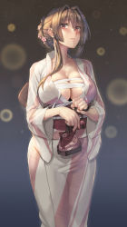 Rule 34 | 1girl, blush, breasts, brown eyes, brown hair, cleavage, closed mouth, collarbone, flower, hair between eyes, hair flower, hair ornament, highres, holding, japanese clothes, kantai collection, kimono, kokuzou, large breasts, long hair, long sleeves, pink flower, sarashi, sidelocks, solo, wide sleeves, yamato (kancolle), yukata