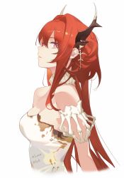 Rule 34 | 1girl, absurdres, alternate costume, arknights, derivative work, dress, from side, highres, horns, looking at viewer, purple eyes, red hair, senamashiro, simple background, slit pupils, solo, surtr (arknights), white background
