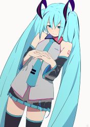 Rule 34 | 1girl, black skirt, black thighhighs, blue eyes, blue hair, blue necktie, blush, closed mouth, collared shirt, cowboy shot, detached sleeves, dutch angle, grey background, grey shirt, hair between eyes, hands up, hatsune miku, interlocked fingers, long hair, looking down, necktie, pleated skirt, shirt, shoulder tattoo, simple background, skirt, smile, sohin, solo, tattoo, thighhighs, very long hair, vocaloid, zettai ryouiki