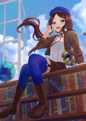 Rule 34 | 1girl, alternate costume, bird, black bow, blue eyes, blue hat, blue thighhighs, blush, book, bookshelf, boots, bow, breasts, brooch, brown hair, brown jacket, brown skirt, fate/grand order, fate (series), forehead, garter straps, hair bow, hat, highres, jacket, jewelry, karupasu, leonardo da vinci (fate), leonardo da vinci (fate/grand order), leonardo da vinci (rider) (fate), library, long hair, looking at viewer, non-humanoid robot, open clothes, open jacket, open mouth, parted bangs, ponytail, robot, robot animal, shirt, sitting, skirt, small breasts, smile, thighhighs, thighhighs under boots, white shirt, window