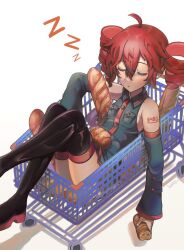 Rule 34 | 1girl, ahoge, baguette, boots, bread, closed eyes, collared shirt, detached sleeves, drill hair, food, highres, holding, holding food, ianxy2, in shopping cart, kasane teto, long sleeves, parted lips, red hair, shirt, shopping cart, sleeping, sleeveless, sleeveless shirt, solo, thigh boots, twin drills, utau, zzz