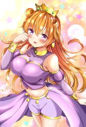 Rule 34 | 1girl, artist name, artist request, bare legs, blush, bracelet, breasts, brown hair, butterfly (love live!), choker, cleavage, close-up, clothing cutout, collarbone, cropped shirt, crown, detached sleeves, double bun, dress, dress shirt, earrings, female focus, floating hair, gold bracelet, hair between eyes, hair bun, hair rings, harem outfit, highres, jewelry, konoe kanata, long hair, looking at viewer, love live!, love live! nijigasaki high school idol club, love live! school idol festival, medium breasts, navel, parted lips, puffy short sleeves, puffy sleeves, purple eyes, purple shirt, purple shorts, shirt, short sleeves, shorts, shoulder cutout, smile, solo, star (symbol), two side up, yellow bracelet, yellow choker
