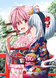 Rule 34 | 2girls, alternate costume, black hairband, blue kimono, breasts, bridge, building, commentary request, day, fingernails, floral print, flower, hair between eyes, hair flower, hair ornament, hair up, hairband, hand up, highres, japanese clothes, kimono, konpaku youmu, konpaku youmu (ghost), large breasts, long sleeves, looking at another, multiple girls, nori tamago, obi, open mouth, outdoors, pink flower, pink hair, pink kimono, profile, red eyes, red flower, saigyouji yuyuko, sash, short hair, silver hair, smile, touhou, upper body, wide sleeves, yukata