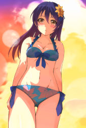 Rule 34 | 10s, 1girl, bikini, blue hair, blush, breasts, brown eyes, cleavage, collarbone, duffy, flower, from below, groin, hair flower, hair ornament, highres, long hair, looking at viewer, love live!, love live! school idol festival, love live! school idol project, navel, parted lips, purple hair, ribbon, small breasts, solo, sonoda umi, standing, swimsuit, yellow eyes