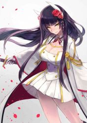 Rule 34 | 1girl, aiguillette, azur lane, black hair, blunt bangs, blush, breasts, cleavage, cleavage cutout, clothing cutout, cowboy shot, floating hair, flower, gloves, hiei (azur lane), highres, horns, katana, large breasts, long hair, long sleeves, looking at viewer, military, military uniform, miniskirt, parted lips, petals, pleated skirt, red flower, red rose, rose, rose petals, sawawse, skirt, smile, solo, sword, uniform, very long hair, weapon, white gloves, white skirt, wide sleeves, yellow eyes
