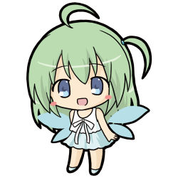 Rule 34 | 1girl, ahoge, bare arms, bare shoulders, blue eyes, chibi, commentary request, fairy wings, full body, green hair, hair between eyes, long hair, looking at viewer, one side up, original, ri-net, shirt, skirt, skirt set, sleeveless, sleeveless shirt, solo, standing, transparent, transparent wings, very long hair, white footwear, white shirt, white skirt, wings