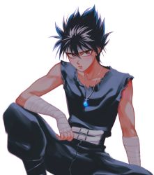 Rule 34 | 1boy, arm on knee, bandaged arm, bandages, belt, black hair, black pants, black shirt, classic-tea, closed mouth, collarbone, expressionless, feet out of frame, glowing, headband, hiei, jewelry, knee up, looking at viewer, male focus, necklace, pants, pendant, red eyes, shirt, simple background, sitting, sleeveless, sleeveless shirt, solo, spiked hair, watermark, white background, white belt, yuu yuu hakusho