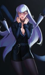 Rule 34 | 1girl, absurdres, chain, demon girl, distr, evelynn (league of legends), formal, glasses, highres, jewelry, league of legends, long hair, looking at viewer, makeup, necklace, pantyhose, purple-tinted eyewear, silver hair, suit, the baddest evelynn, thighhighs, tinted eyewear, very long hair, yellow eyes