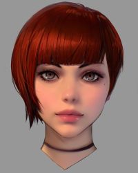 Rule 34 | 1girl, asymmetrical hair, blunt bangs, choker, cropped shoulders, grey background, grey eyes, head only, highres, ilya kuvshinov, light smile, lips, looking at viewer, mole, nose, original, portrait, realistic, red hair, short hair, simple background, solo