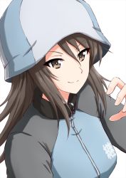 Rule 34 | 1girl, blue hat, blue jacket, brown eyes, brown hair, closed mouth, commentary, emblem, girls und panzer, hat, highres, jacket, keizoku military uniform, long hair, looking at viewer, mika (girls und panzer), military, military uniform, omachi (slabco), portrait, raglan sleeves, simple background, smirk, solo, track jacket, tulip hat, uniform, v-shaped eyebrows, white background