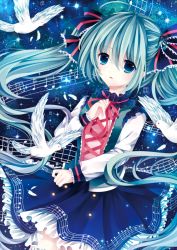Rule 34 | 1girl, bird, blue eyes, blue hair, bow, female focus, hair bow, hair ribbon, hatsune miku, long hair, looking at viewer, matching hair/eyes, moseley, parted lips, pigeon, ribbon, solo, twintails, very long hair, vocaloid