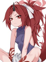 Rule 34 | 1girl, black horns, blue archive, breasts, closed mouth, dragon tail, feet out of frame, halo, highres, horns, hoshiya takahito, long hair, ponytail, red eyes, red hair, red halo, red tail, renge (blue archive), simple background, single horn, sitting, small breasts, solo, tail, white background