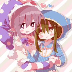 Rule 34 | 2boys, blue jacket, blush stickers, brown eyes, brown hair, commentary request, hair between eyes, hat, heart, holding hands, hood, hood up, hooded jacket, jacket, jester cap, kirby (series), layered sleeves, long sleeves, magolor, male focus, marx (kirby), multicolored clothes, multicolored headwear, multicolored ribbon, multiple boys, neck ribbon, nintendo, no nose, open mouth, outline, personification, purple eyes, purple hair, ribbon, shirt, short hair, short hair with long locks, short over long sleeves, short sleeves, smile, striped clothes, striped jacket, usagi nui, v-shaped eyebrows, white outline, white shirt