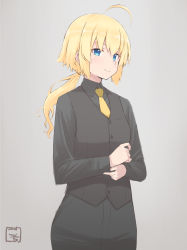 Rule 34 | 1girl, adjusting clothes, adjusting sleeves, ahoge, amano soraha, artist name, assault lily, black pants, black shirt, black vest, blonde hair, blue eyes, buttons, closed mouth, collared shirt, commentary request, cowboy shot, formal, gochisousama (tanin050), gradient background, grey background, hair between eyes, hair tie, hands up, highres, long hair, long sleeves, looking at viewer, low ponytail, necktie, pants, ponytail, shirt, smile, solo, standing, vest, yellow necktie