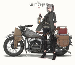 Rule 34 | 1girl, absurdres, arknights, black gloves, black jacket, black scarf, brown eyes, cjmy, demon girl, demon horns, demon tail, gloves, gun, high heels, highres, holding, holding lantern, holding weapon, horns, jacket, lantern, motor vehicle, motorcycle, open clothes, open jacket, open mouth, scarf, short hair, shotgun, silver hair, tail, the witcher (series), w (arknights), weapon