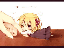Rule 34 | 1girl, blonde hair, blush, border, bow, chibi, flying sweatdrops, hair bow, hair ornament, long sleeves, lying, mini person, minigirl, misa (kaeruhitode), on stomach, one eye closed, out of frame, pout, red eyes, rumia, shirt, short hair, simple background, skirt, skirt set, solo focus, text focus, touhou, vest, white background