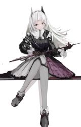 Rule 34 | 1girl, arknights, black footwear, black jacket, commentary, grey eyes, grey pantyhose, head wings, holding, holding sword, holding weapon, irene (arknights), jacket, long hair, long sleeves, pantyhose, rapier, shoes, simple background, sitting, skirt, solo, sword, tangcu, weapon, white background, white hair, wings