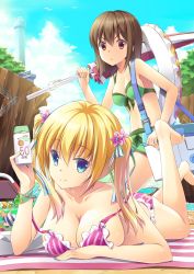 Rule 34 | 2girls, :&lt;, ass, bad id, bad pixiv id, barefoot, beach, beach umbrella, bikini, bird, blonde hair, blue eyes, blue sky, bottle, bracelet, breasts, brown hair, cleavage, cooler, day, flower, frilled bikini, frills, front-tie top, green bikini, hair flower, hair ornament, highres, innertube, jewelry, large breasts, lighthouse, long hair, looking at viewer, lotion, lotion bottle, lying, medium breasts, multiple girls, o-ring, o-ring top, ocean, on stomach, onaka sukisuki, original, outdoors, red eyes, seagull, shiny skin, short hair, shorts, sky, smile, striped bikini, striped clothes, sunscreen, swim ring, swimsuit, twintails, umbrella, water