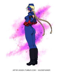 Rule 34 | 1girl, armband, ass, back cutout, blonde hair, boots, braid, clothing cutout, decapre, fingerless gloves, garrison cap, gloves, glowing, glowing eyes, hands on own hips, hat, jiggeh, knee boots, leotard, long hair, mask, pantyhose, red eyes, ribbed leotard, scar, shoulder pads, solo, street fighter, street fighter iv (series), thong leotard, twin braids