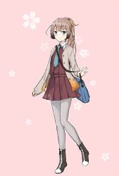 Rule 34 | 1girl, bag, boots, brown hair, cardigan, commentary request, cross-laced footwear, dress, floral background, gradient cardigan, grey eyes, grey pantyhose, hair ribbon, highres, kantai collection, kazagumo (kancolle), lace-up boots, long hair, looking at viewer, ludens (inonaka koubou), pantyhose, pink background, ponytail, ribbon, school uniform, shirt, sleeveless, sleeveless dress, smile, solo, standing, white shirt