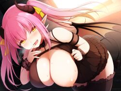 Rule 34 | 1girl, armband, bare shoulders, bent over, black armband, black choker, black dress, black horns, black tail, black thighhighs, black wings, black wristband, blush, breasts, choker, cleavage, clothes lift, collarbone, demon girl, demon horns, demon tail, demon wings, dress, dress lift, fang, finger to mouth, frilled dress, frilled thighhighs, frilled wristband, frills, hair between eyes, hair ribbon, hanging breasts, horns, huge breasts, kurikara, large breasts, lifted by self, long hair, nipples, one breast out, open mouth, orange wings, original, pink hair, pointy ears, ribbon, smile, solo, sunset, sweat, sweatdrop, tail, thighhighs, thighs, twintails, two-tone wings, wings, yellow eyes, yellow ribbon