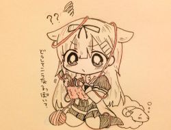 Rule 34 | 10s, 1girl, ?, ??, chibi, closed mouth, commentary request, confused, fingerless gloves, gloves, hair flaps, hair ornament, hair ribbon, hairclip, jako (jakoo21), kantai collection, knitting, knitting needle, long hair, md5 mismatch, needle, pleated skirt, ribbon, scarf, school uniform, serafuku, short sleeves, skirt, solo, traditional media, translation request, yuudachi (kancolle), yuudachi kai ni (kancolle)