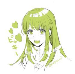 Rule 34 | 1girl, blush, collarbone, gensou suikoden, green theme, heart, long hair, looking at viewer, monochrome, open mouth, sakai (motomei), simple background, smile, solo, viki (suikoden), white background