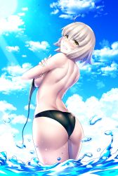 Rule 34 | 1girl, arched back, ass, back, bare arms, bare shoulders, bikini, black bikini, blue sky, blush, breasts, clenched teeth, cloud, cloudy sky, commentary request, cowboy shot, day, fate/grand order, fate (series), from behind, from below, glaring, gradient sky, hair between eyes, hand on own arm, highres, jeanne d&#039;arc (fate), jeanne d&#039;arc alter (avenger) (fate), jeanne d&#039;arc alter (fate), legs together, light rays, looking at viewer, looking back, looking down, medium breasts, nakamura tenjin, nose blush, outdoors, pale skin, scowl, short hair, shoulder blades, silver hair, sky, solo, sparkle, standing, sunlight, swimsuit, teeth, thighs, v-shaped eyebrows, wading, wardrobe malfunction, water, water drop, wet, yellow eyes