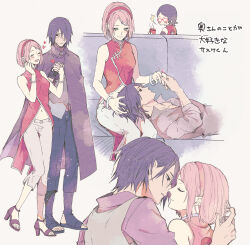 Rule 34 | 1boy, 2girls, bare arms, black pants, boruto: naruto next generations, bracelet, cape, closed eyes, closed mouth, couple, dress shirt, facial mark, father and daughter, glasses, grey shirt, hair over one eye, hairband, haruno sakura, heart, hetero, highres, holding, holding hands, imminent kiss, interlocked fingers, jewelry, midriff, mother and daughter, multiple girls, naruto (series), navel, open mouth, pants, parted bangs, pink hair, profile, purple cape, purple hair, red-framed eyewear, red hairband, shirt, short hair, sketch, stomach, straight hair, suzu (tg 390), sweatdrop, uchiha sarada, uchiha sasuke, white pants