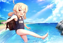 Rule 34 | 1girl, backpack, bag, barefoot, beach, blonde hair, blush, cloud, feet, genshin impact, highres, klee (genshin impact), leg up, long hair, looking at viewer, nyxerebos, ocean, open mouth, partially submerged, pointy ears, red eyes, sky, solo, sun, swimsuit, toes