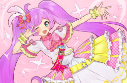 1girl ;d ahoge ascot blush bow commentary_request cowboy_shot dress frilled_dress frills hair_bow hand_up highres idol idol_clothes idol_land_pripara long_hair looking_at_viewer manaka_laala morihayashi one_eye_closed open_mouth pink_ascot pink_background pink_bow pretty_series pripara purple_hair sash shoulder_sash smile solo standing twintails v v_over_eye very_long_hair white_dress wrist_cuffs