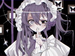 Rule 34 | 1girl, asahina mafuyu, bug, butterfly, commentary, finger to mouth, hairband, halo, heterochromia, insect, lolita hairband, long hair, long sleeves, melting halo, mismatched pupils, neck ribbon, project sekai, puffy long sleeves, puffy sleeves, purple hair, purple ribbon, ribbon, shirt, shushing, sidelocks, solo, sparkling eyes, tabun ningen, twintails, upper body, very long hair, white shirt